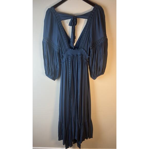 Free People Endless Summer Marysia Maxi Dress Blue Vneck Bohemian Crochet S NWOT - Picture 10 of 10